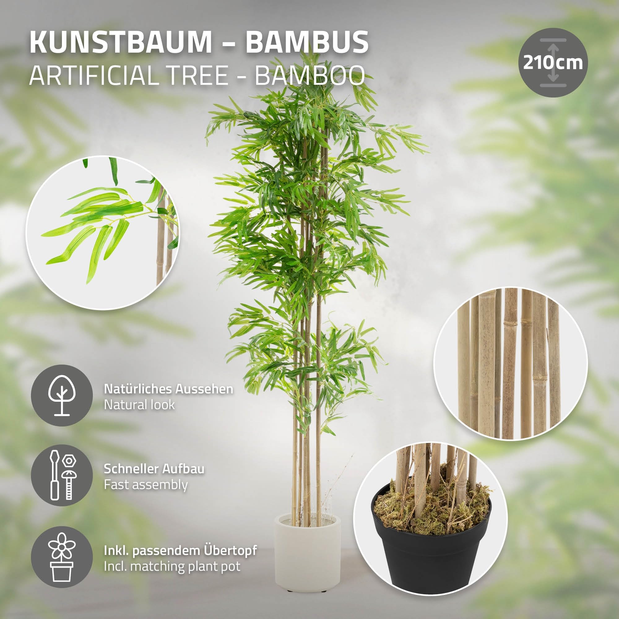 ML-Design Bambou Artificiel 210 cm Décoratif, Plante Verte Grande avec Tronc en Bois Véritable, Fausse Plante en Pot, Déco Aspect Naturel, Arbre pour Intérieur/Extérieur Chambre Balcon Salon Bureau