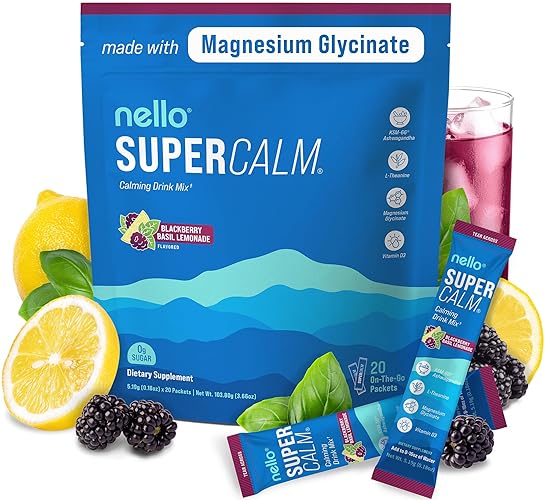Nello Supercalm Powdered Drink Mix, Cortisol Reducer*, Sleep Aid Supplement, L Theanine, Ksm-66 Ashwagandha, Magnesium Glycinate, Vitamin D 3, No Sugar, Non GMO, 20 Ct, BlackBerry Basil Lemonade - Blackberry Basil Lemonade - 20 Servings (Pack of 1)