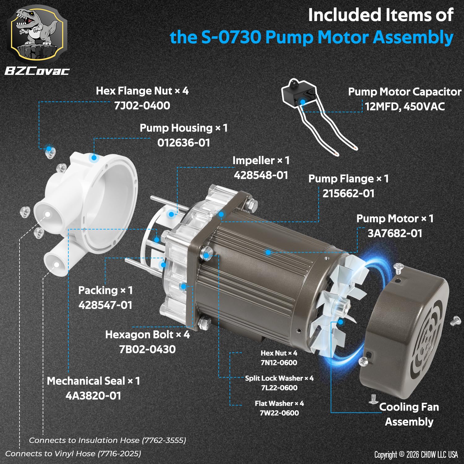 S-0730 Water Pump For Hoshizaki, Ice Machine Motor Assembly With Mounting Plate, 14-Inch Cable, And Factory Plug, #M91x60s201s on Fridge.com - View 5