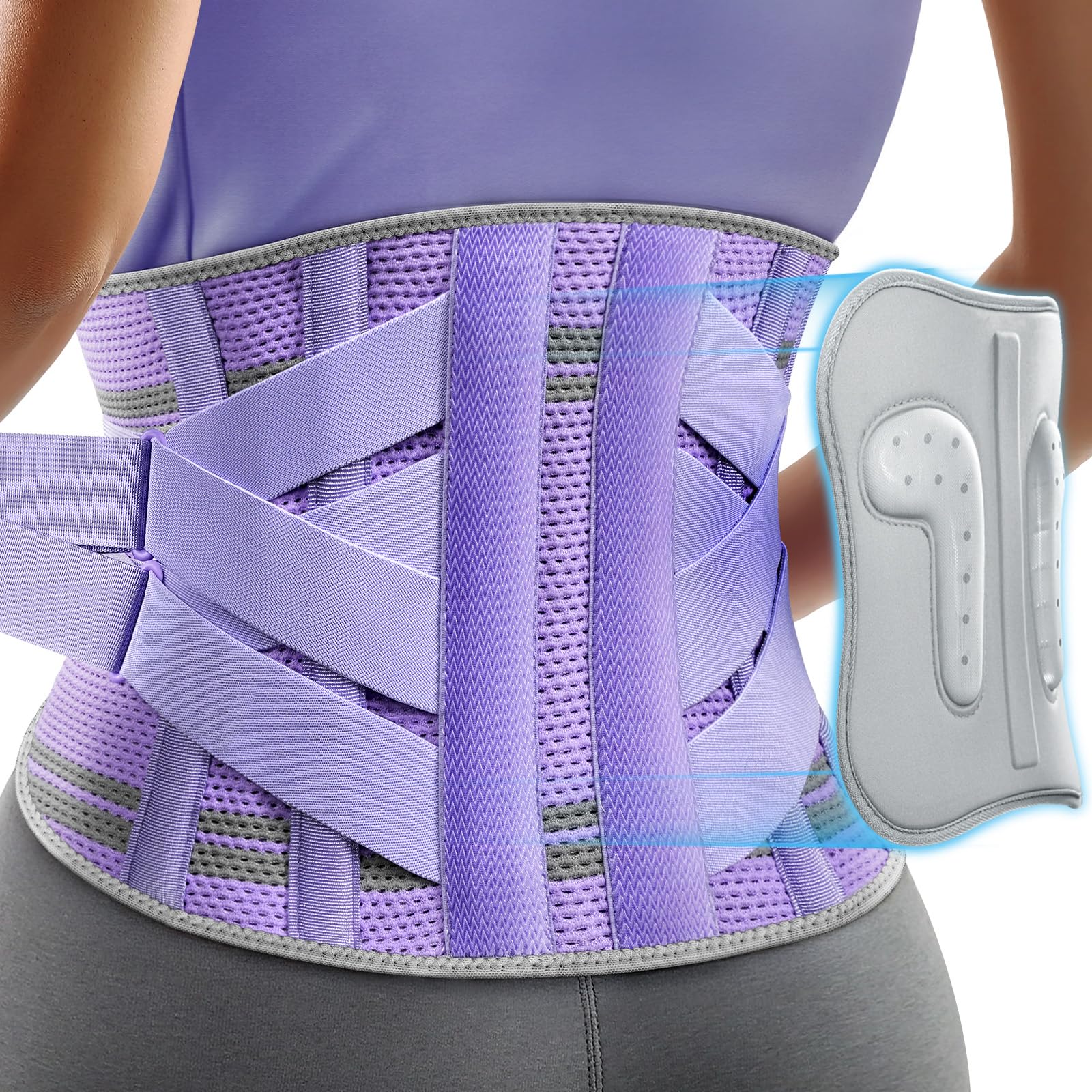 Rakiie Back Brace for Women, 9X Lumbar Support with 3D Pressure-Relief Pad, Ergonomic Back Support for Lower Back Pain Relief, Adjustable Back Brace for Sciatica, Herniated Disc, Purple Size L (Waist: 39.4"-45.3")