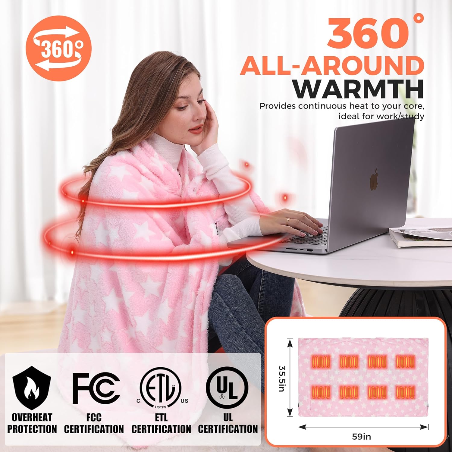 Heated Blanket, Cordless Portable Heated Throw Blanket, Battery Operated Heating Blanket with Rechargeable 20000mAh Power Bank, 59" x 35.5" Electric Heated Shawl, 3​​ Fast-Heating Levels (Pink) - Image 2