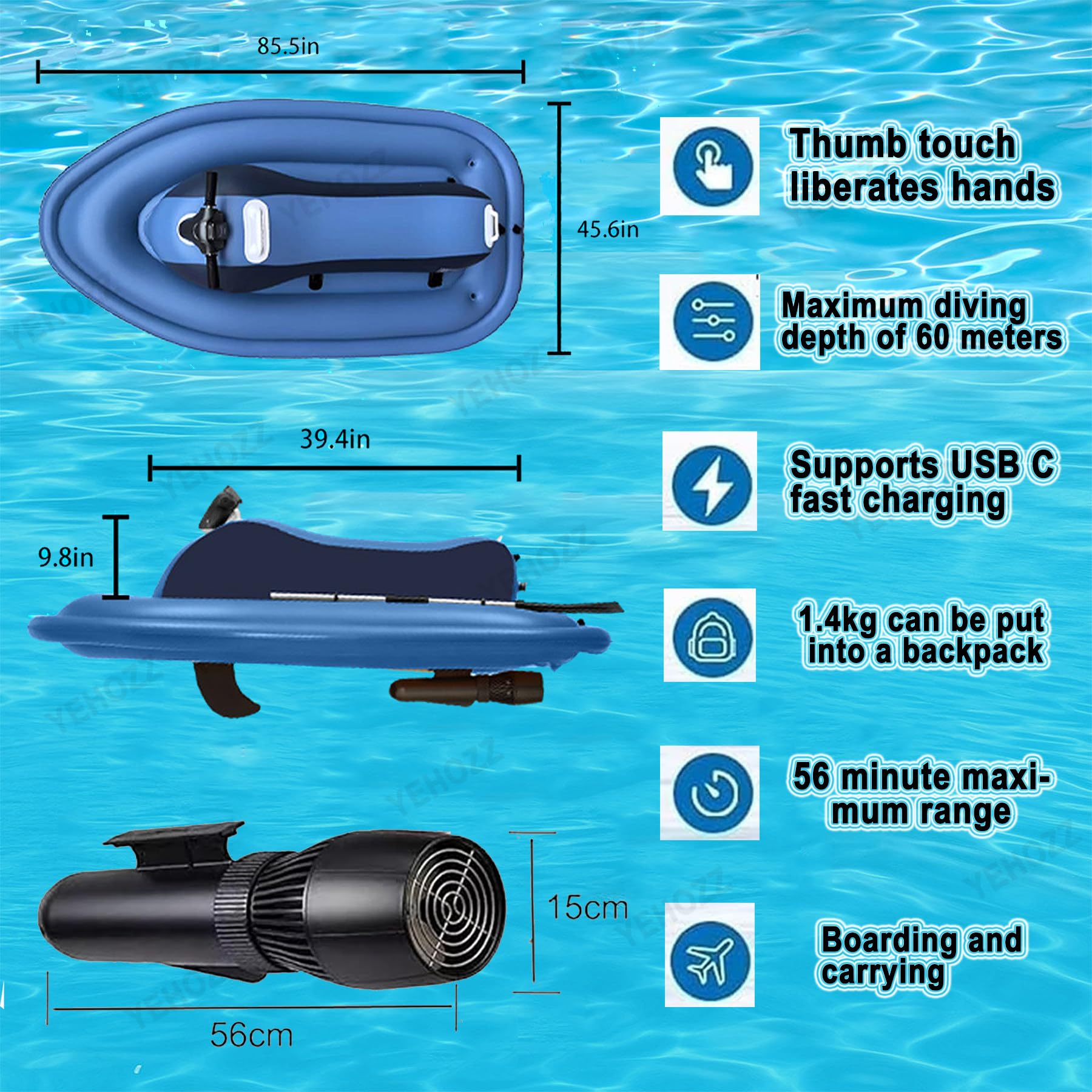 Bateau à Réaction Gonflable, Bateau à Moteur électrique, Jet Ski, Kayak 500 W, Moteur électrique, Sup, Scooter sous-Marin Motorisé pour Adultes Et Enfants Blue-500W16000mAh