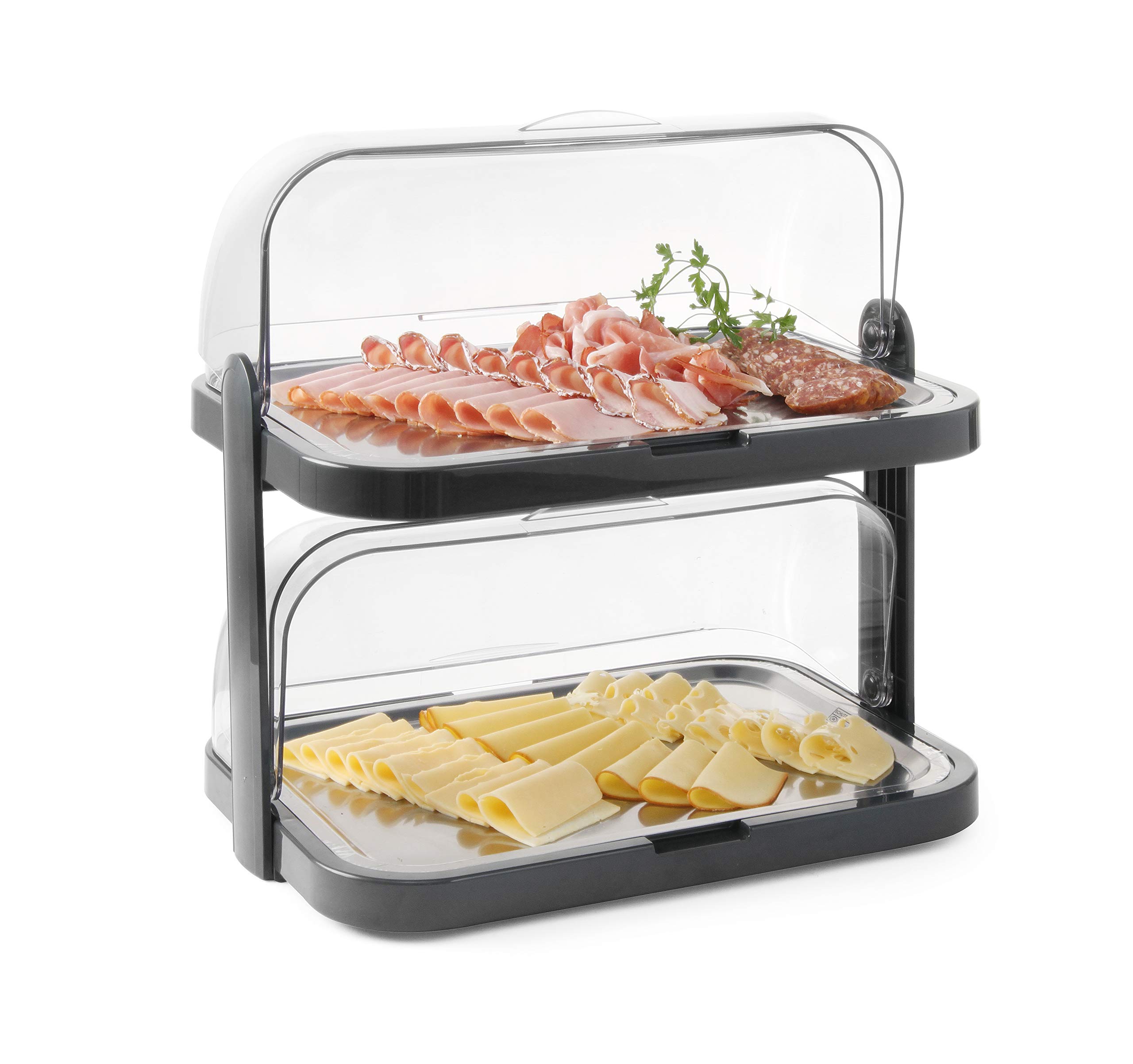 HENDI Vetrina espositiva refrigerata doppia con coperchi rotanti roll-top, set a 2 livelli con vassoi in acciaio inox, 4 elementi refrigeranti, 440x320x(H)440mm, nero, ABS, SAN