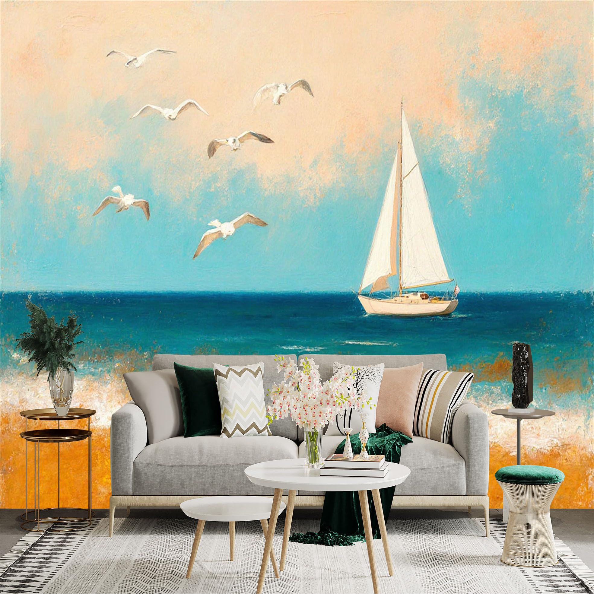 Custom Size Wall Sticker Mural， Sailboat on The Ocean， Flying Seagulls， Coastal Beach Scenery， Oil Painting Style， for wall Decoration， peelandstick wall Decals.