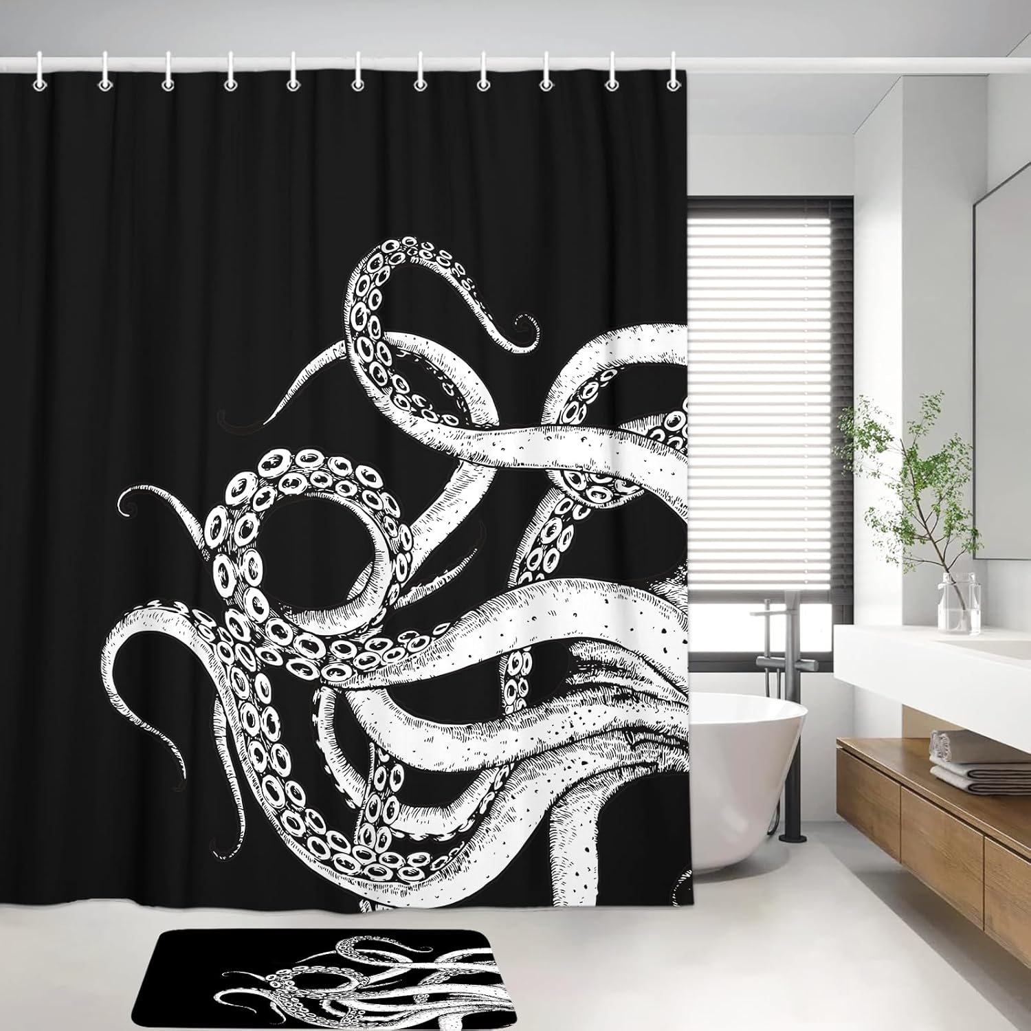 4 Pcs Nautical Octopus Shower Curtain Set with Funny Black and White Sea Shower Curtain and Carpet and Accessories, Waterproof Bathroom Shower Curtains Decorative Set with 12 pcs Hooks,