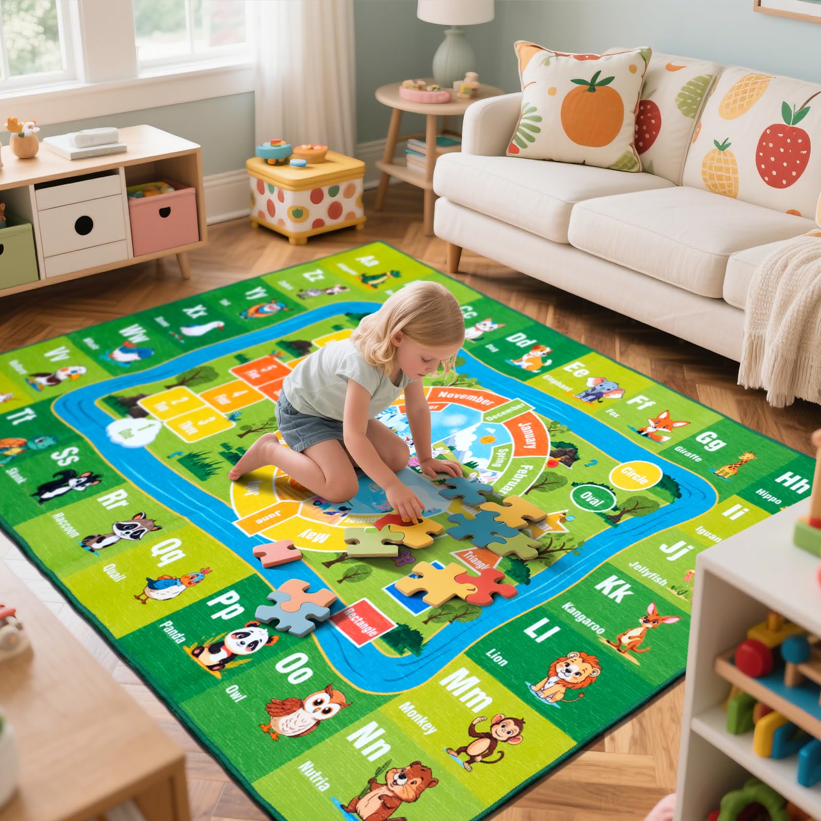 junhejiamei 5'x 7' ABC Carpet, Kids Rug for Playroom Classroom Bedroom, Educational Learning Play Mat with Alphabet Animals Numbers & Shapes,(5x7 Feet)