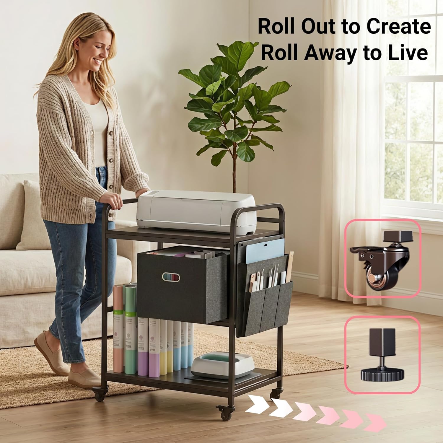 Cricut Cart with Power Outlet & Wheels, Rolling Craft Storage Table for Maker 4/3 and Explore 4/3, Heavy Duty Organizer Stand with Reinforced Drawer, Sewing Desk, Black