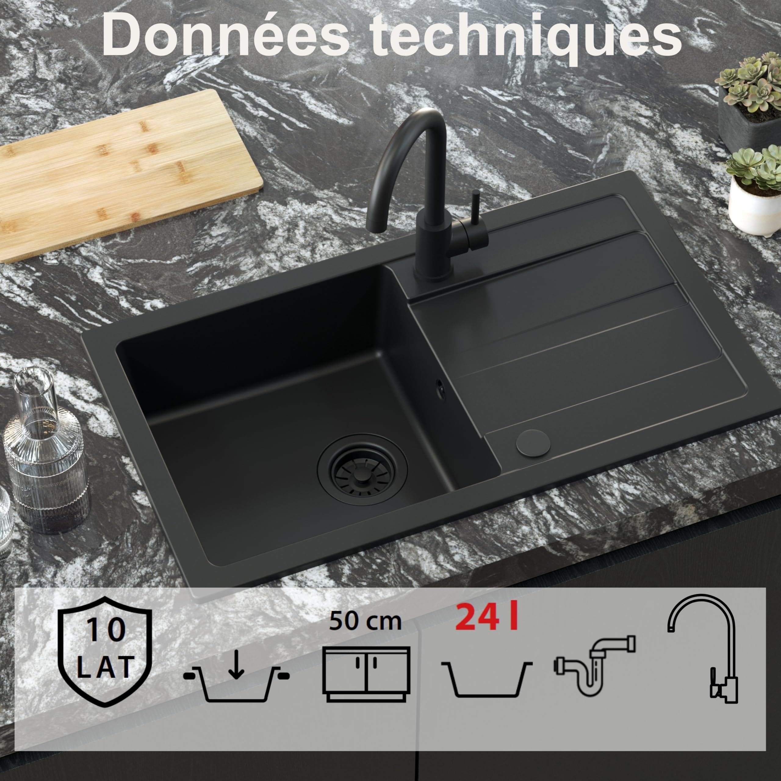 QUADRON Evier granit | Taille 77 x 44 x 17,6 cm Très Noir | GO MAX cuisine
