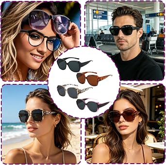 Clip On Sunglasses, 4 Pack Sunglasses Over Glasses for Women, Polarised Trendy Square Oversized Anti Glare Over Glasses, Clip on Sunglasses for Driving UV Protection Men and Women