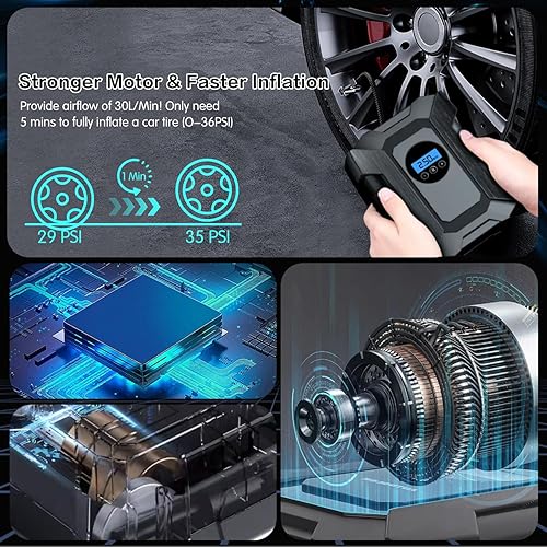 Miniatura 3 de Kairiyard Inflador de neumáticos, compresor de aire portátil, bomba de aire de 12 V CC para neumáticos de automóvil, bomba digital de neumáticos