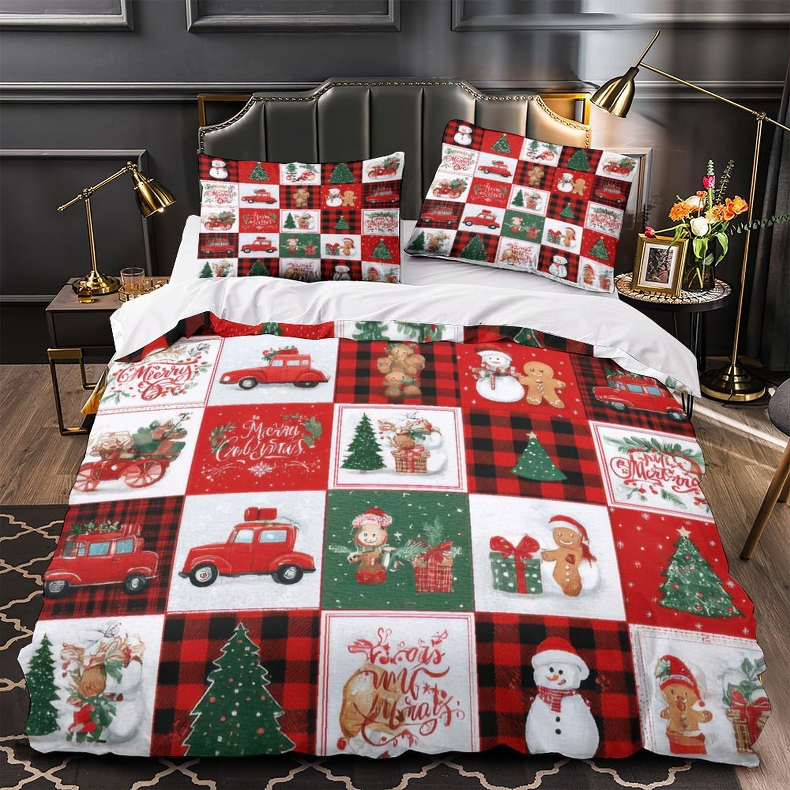 Housse de couette Noël 200x200 parure lit microfibre lit double avec fermeture éclair
