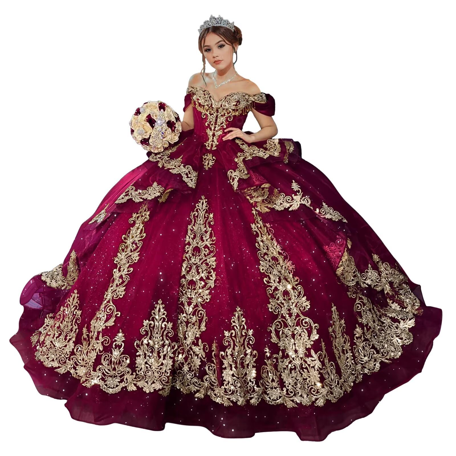 Zhangyo Off Shoulder Quinceanera Dresses Puffy Tulle Sweet 15 16 Dresses Gorgeous Gold Applique Ball Gown