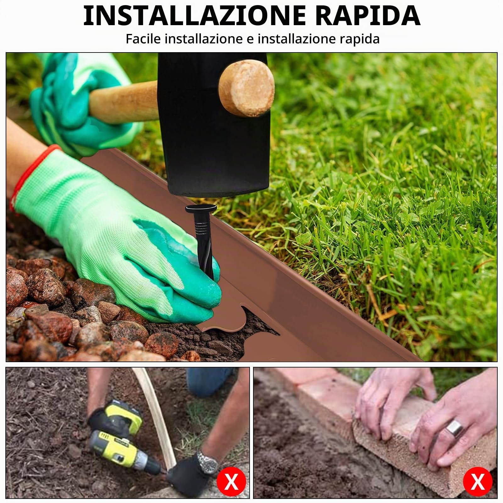 Bordura per Aiuola, Bordura per Giardino 5m x 5cm, Bordature da Giardino, Bordure per Aiuole, Bordo per Aiuole, Bordatura Aiuole Giardino, Bordo Giardino Flessibile con Guanti e 30 Unghie - Marrone