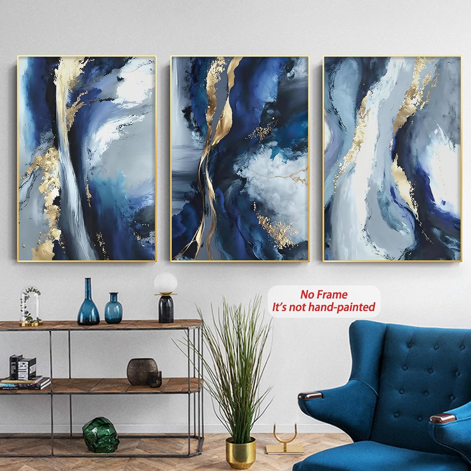Blue White and Gold Abstract Canvas Wall Art for Living room Bedroom Home Decor Blue and White Abstract Canvas Prints Painting Navy Modern Pictures Wall Decor 16x24inx3pcs No Frame