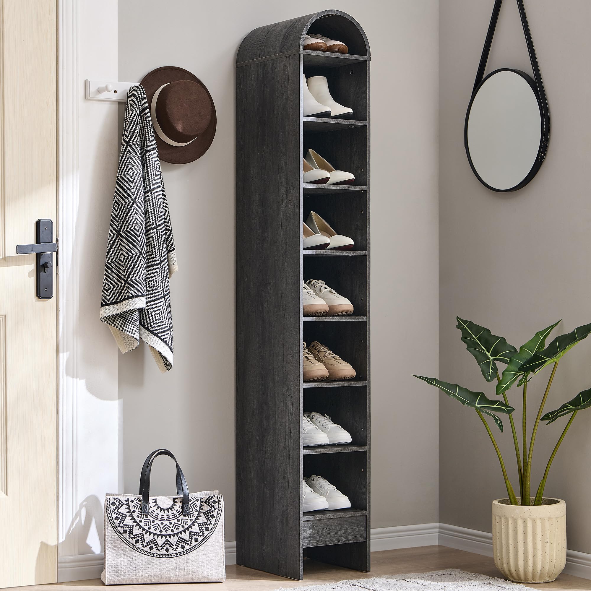 IFGET 67" Tall Arched Shoe Storage Cabinet, 8-Tier Wooden Rack with 3 Adjustable Shelves, Freestanding Closet Shelf Organizer for Entryway, Hallway,