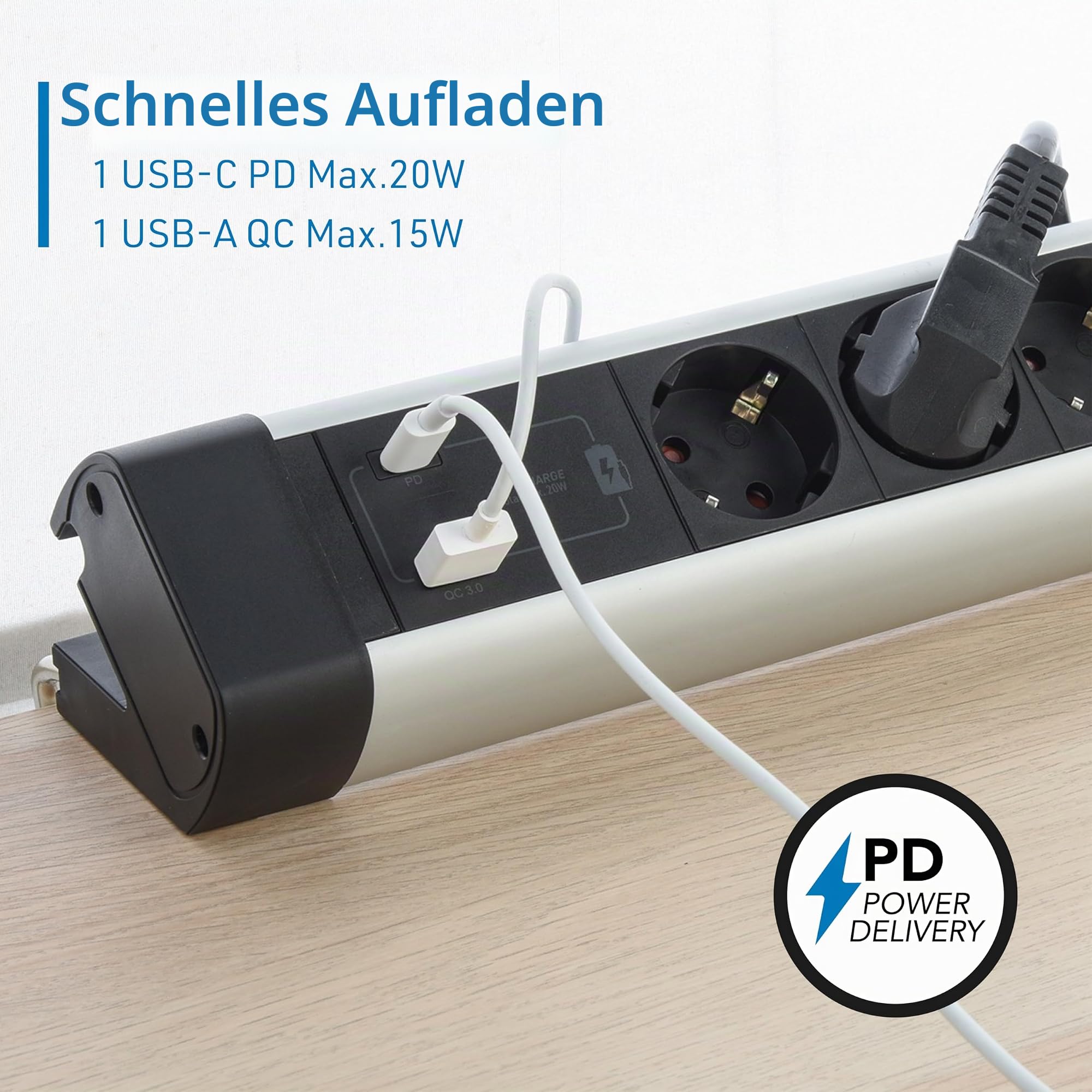 Electraline 62581 Steckdosenleiste Alu für den Schreibtisch 3-Fach + 3 USB (2 USB A 3.0A QC + 1 USB C PD20W) Kabel 2 m, Überspannungsschut, Mehrfachsteckdose/Tischsteckdose Steckerleiste