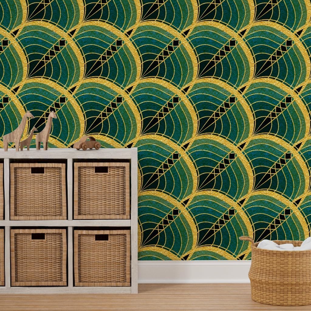 Spoonflower Peel & Stick Wallpaper 3ft x 2ft - Gold Art Deco Wave Cyan Teal Tile Deep Blue Midnight Green Black Pattern Custom Removable Wallpaper
