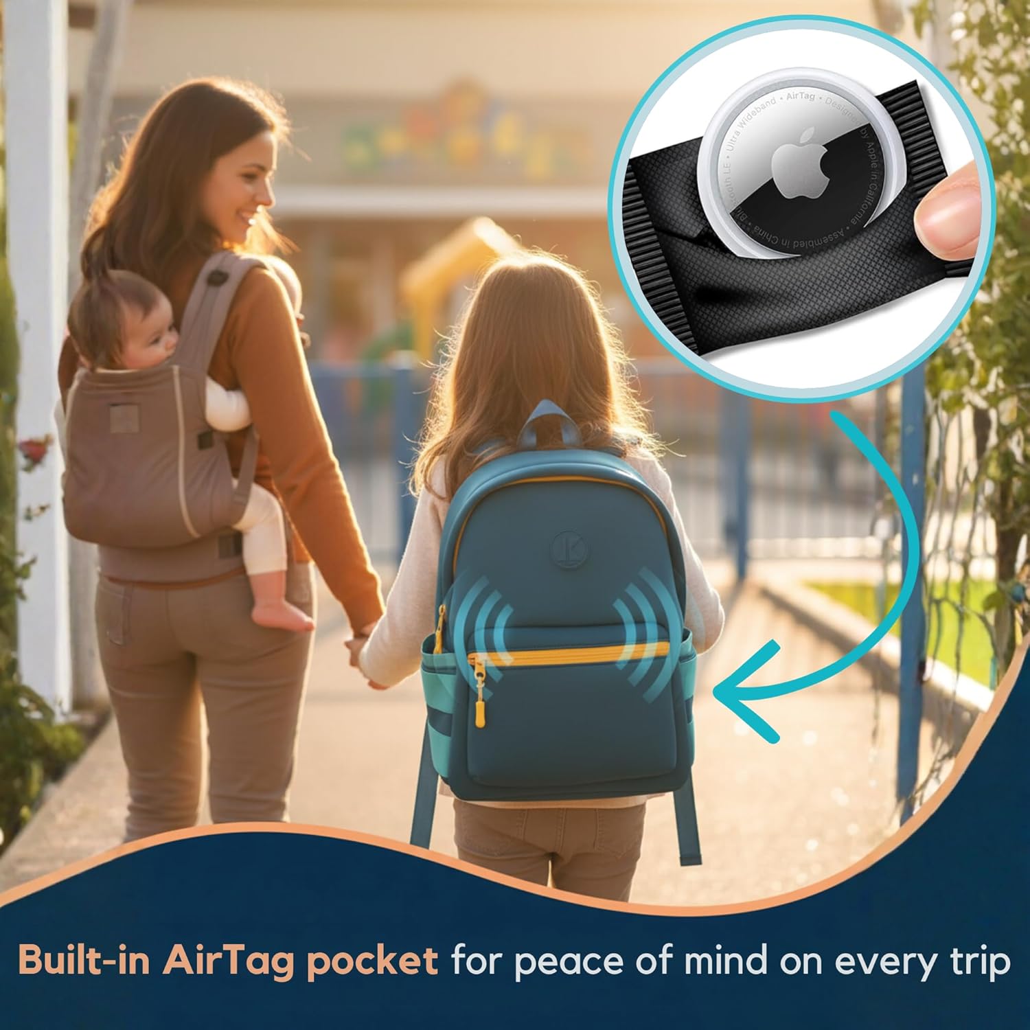 3pc Neoprene Kids Backpack SET 13inch | 2 zipper pouch & AirTag holder for kids | Preschool backpack for school | BLUE Toddler backpack boy and girl Ages 3-7 - Image 9