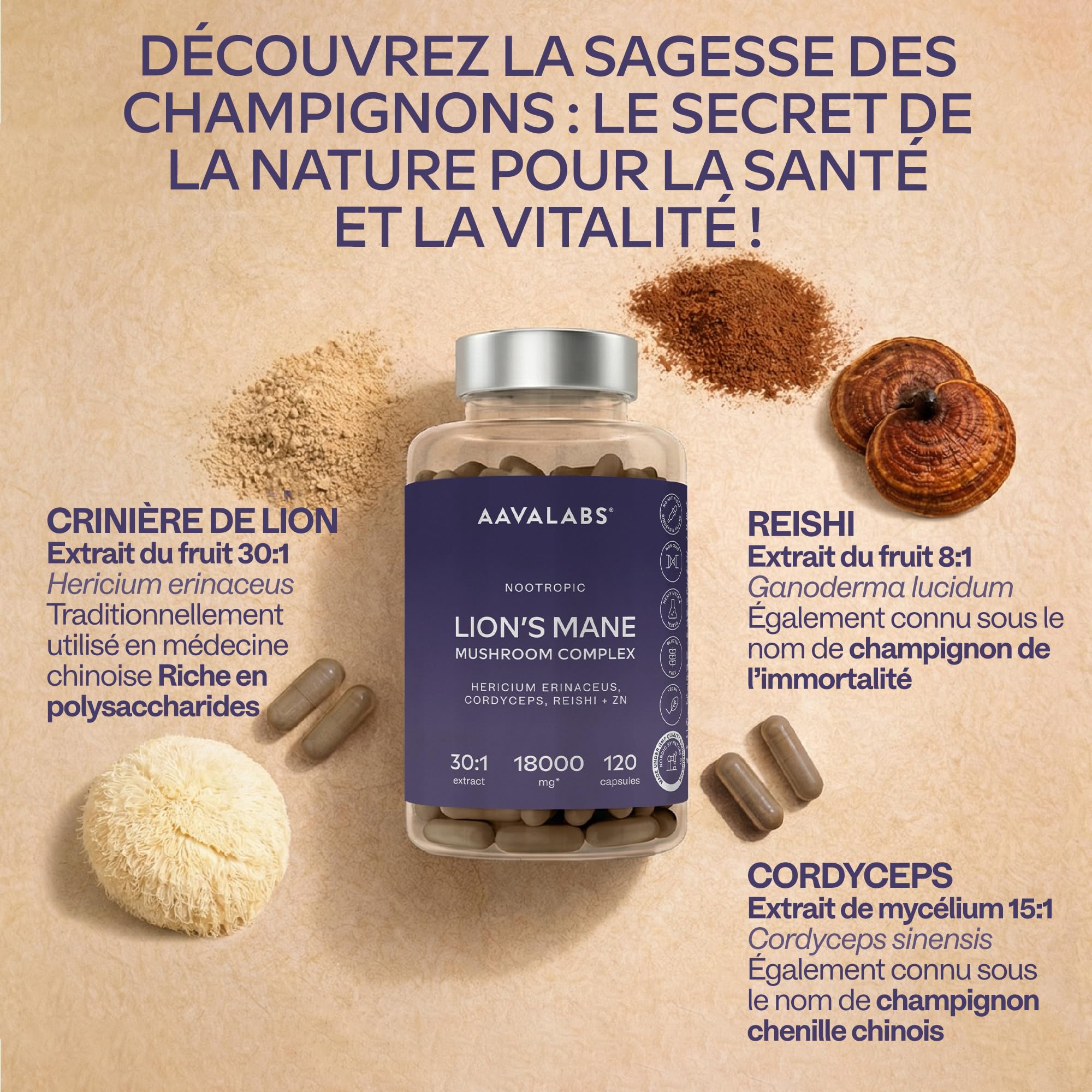 Lions Mane 18000mg 30:1 avec Cordyceps Sinensis, Reishi Ganoderma et Zinc | Criniere de Lion Champignon Hericium Erinaceus Nootropique Puissant Memoire et Concentration Mushroom Complex - 120 Gelules