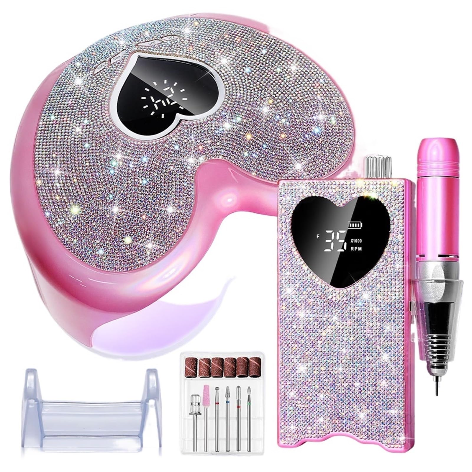 Lampa LED do paznokci, Akumulatorowa lampa UV LED do paznokci o mocy 96 W i frezarka z diamentowym wzorem w kształcie serca polerowania suszenia manicure(UV Lamp)