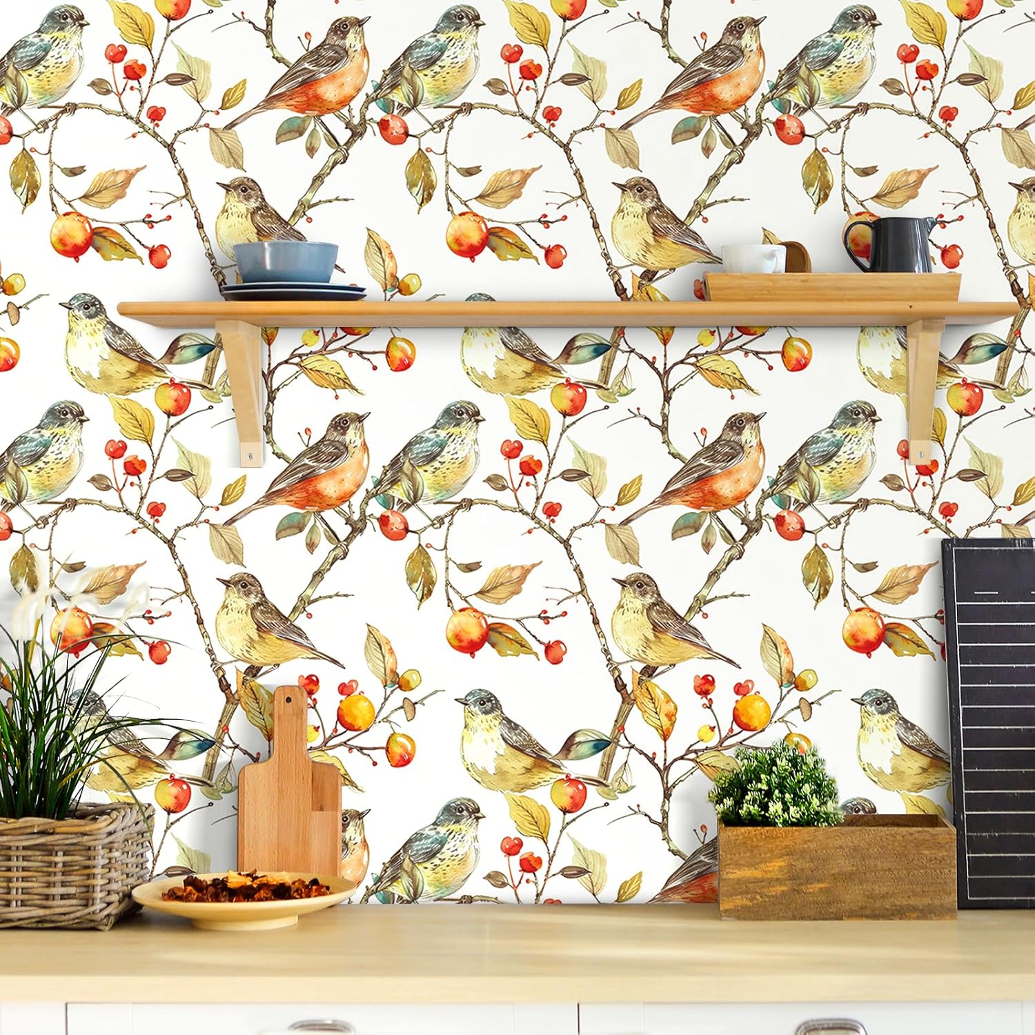 ReWallpaper Beige Bird Wallpaper Prepasted Red Floral Contact Paper for Cabinets Removable Berries and Birds Floral Wall Paper Peel and Stick Vintage Wallpaper for Bedroom Accent Walls 17.5in×10ft