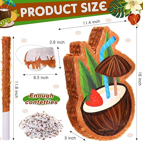 Miniatura 2 de Piñata de coco pequeña con palo y confeti para los ojos vendados, piñata de verano, decoraciones de cumpleaños hawaianas, piñata de coco marrón para