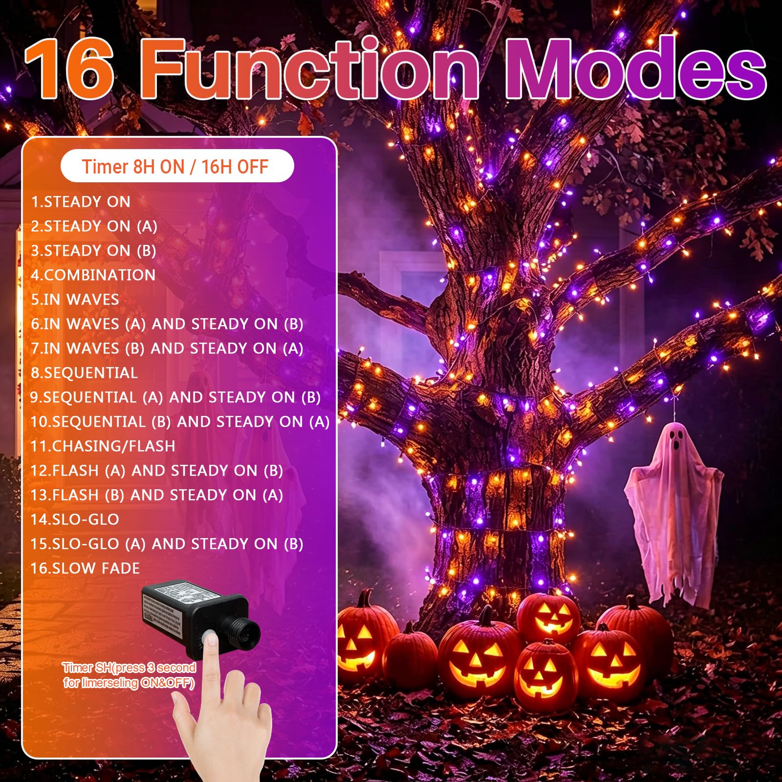 LAMPHOME Stringa di luci per Halloween, 100 LED viola e arancione, con 16 modalità, impermeabilità IP44, filo marrone, luci per interni ed esterni, feste di Halloween, decorazioni per cortile e albero