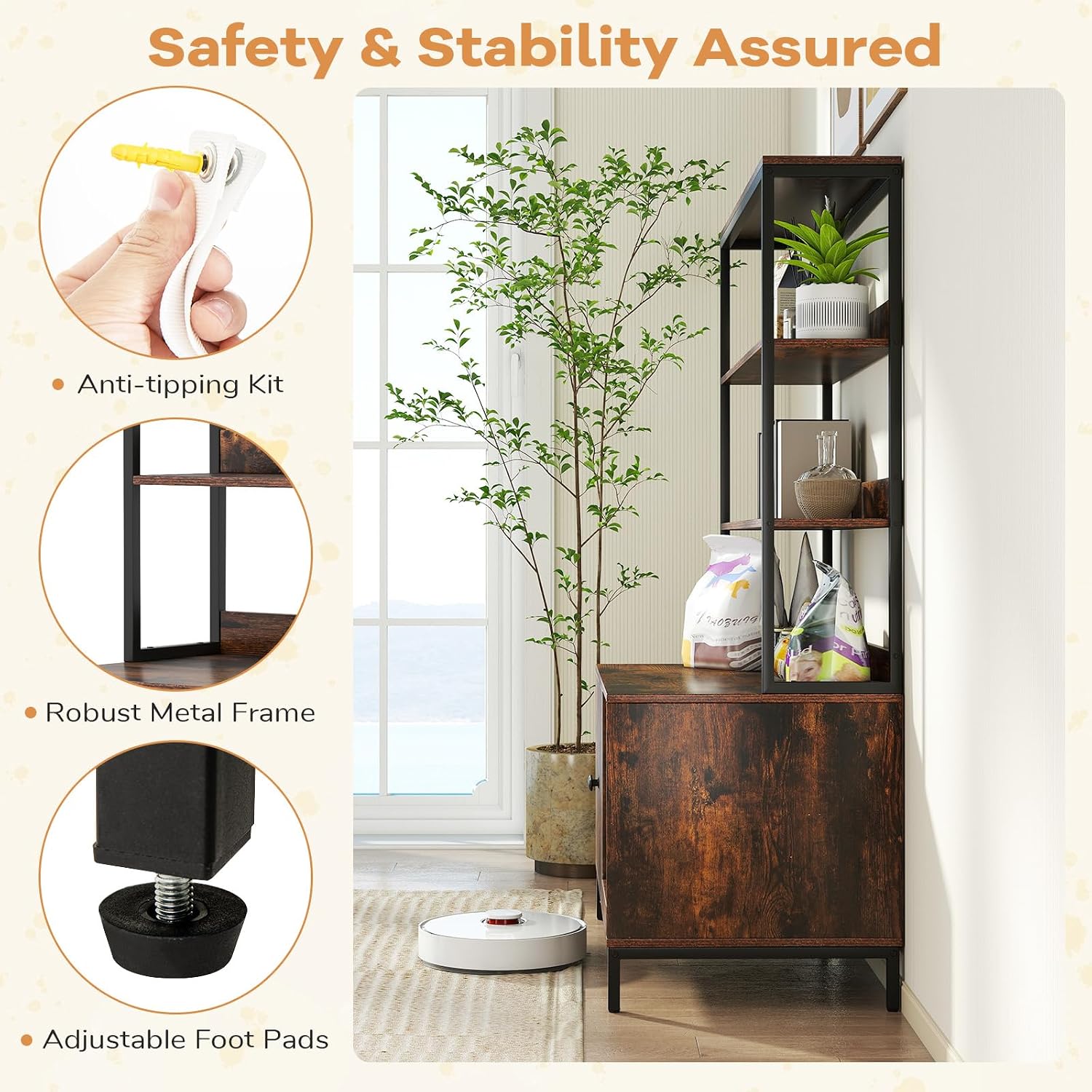 PETSITE Cat Litter Box Enclosure with Storage, 57 Inch Tall Hidden Litter Box with 2-Tier Shelves, Removable Scratching Pad, and Winding Entry, Solid Metal Framed (Rustic Brown)