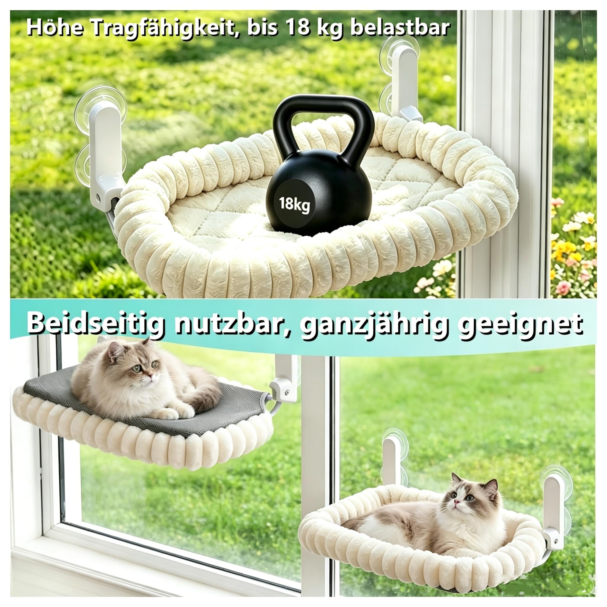 Katzen Fensterliege Faltbar mit 4 Saugnäpfen, weiche Kuschelliege & atmungsaktive Netzseite, extra groß 55 x 40 cm, Robustes Stahlgestell, sichere Saugnapfbefestigung für Katzen bis 20 kg (Grau)