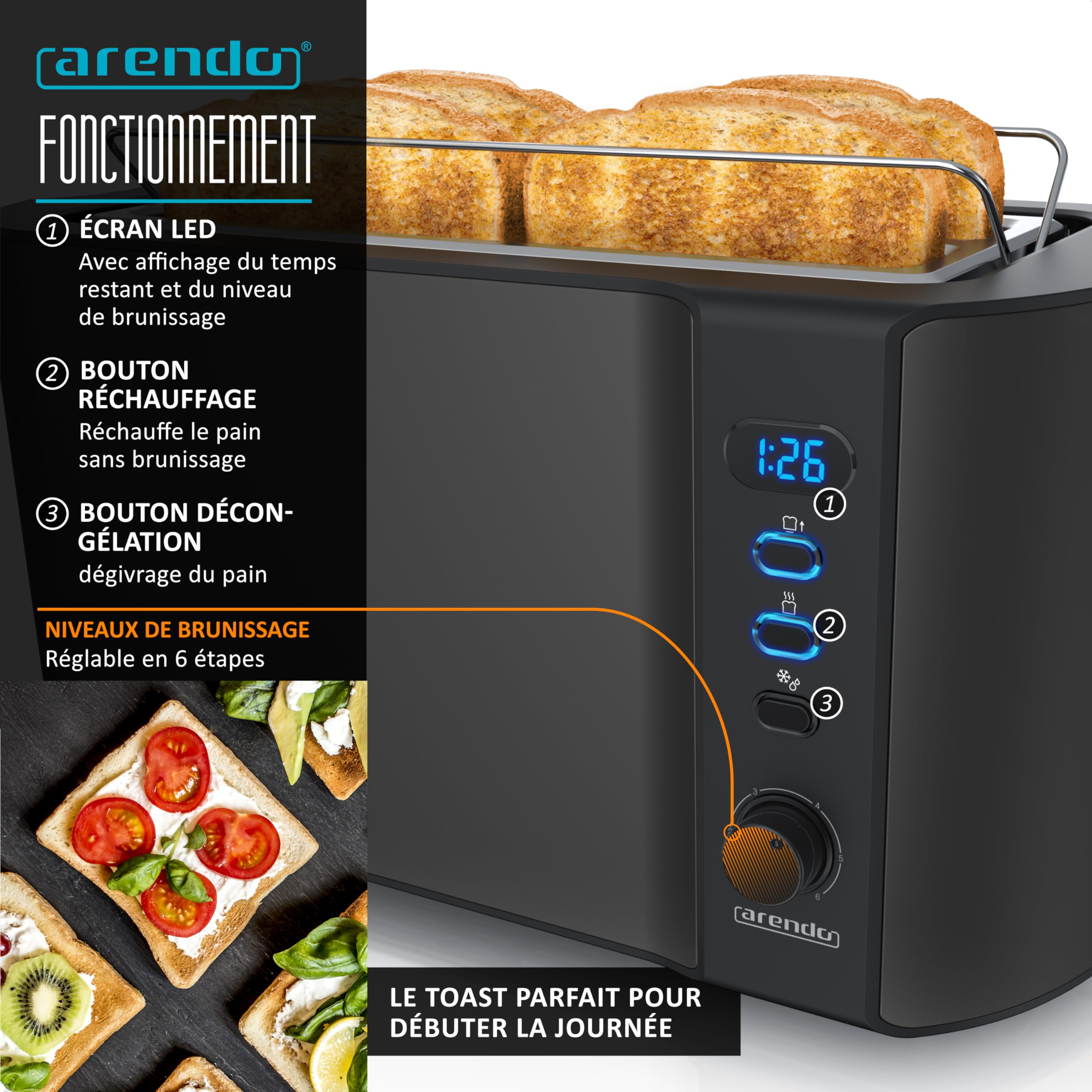 Arendo Ensembles Bouilloire et grille-pain et cuiseur à oeufs Bouilloire en inox 1,5L 40°-100°C, Toaster 4 Tranches Ecran LED 6 niveaux de brunissage, Cuiseur à oeufs 1-6 oeufs, Verre doseur Noir