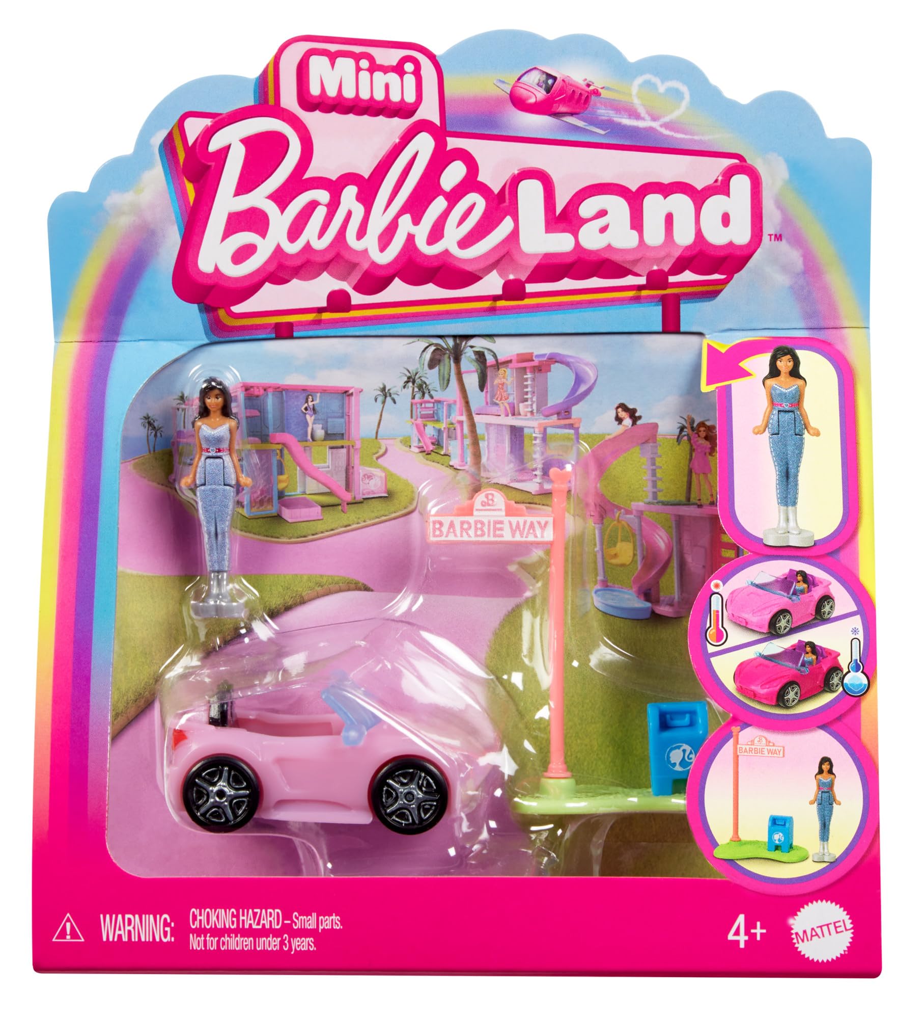 Barbie Mini Barbieland Coche descapotable que cambia de color con el agua para mini figuras con muñeca pequeña morena y señal de tráfico, juguete +4 años (HYF42)