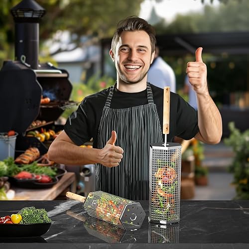 Miniatura 7 de Cesta de parrilla rodante, mango de madera extraíble, acero inoxidable 304, herramientas de parrilla de anidación, accesorios de barbacoa para