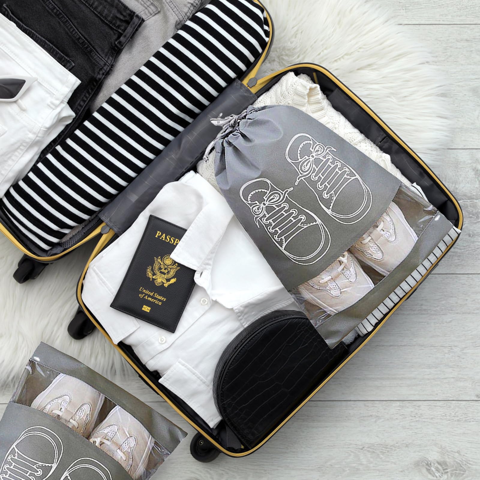 10 Pezzi Sacchetti per Scarpe, Sacchetti Scarpe Viaggio, Organizer Scarpe, Accessori da Viaggio, Attrezzo di Utilità con Coulisse per Pantofole, Scarpe di Pelle, Scarpe di Tela (Nero, Grigio)