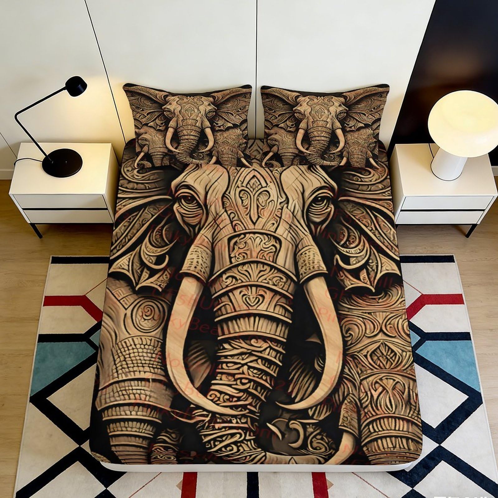 3D Printed Elephant Fitted Sheet Microfiber Deep Pocket Bedroom Non-Slip Full Wrap Elephant Mattress Fitted Cover Washable 160x200x25cm