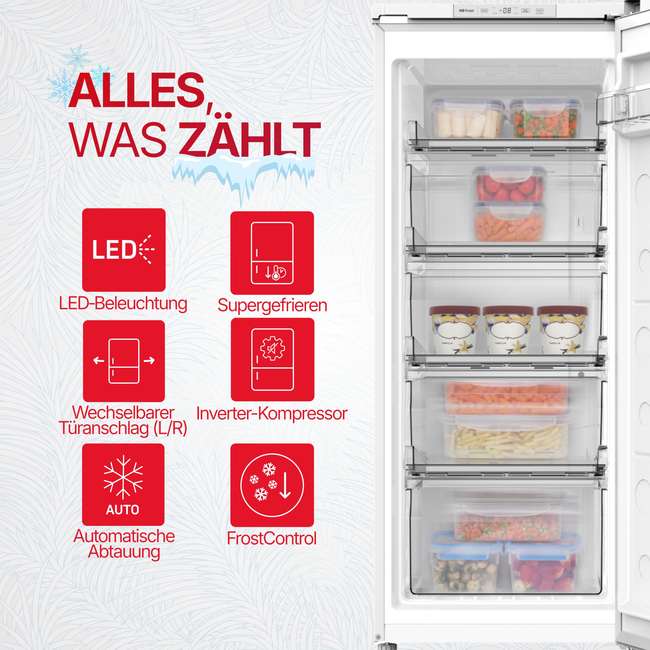 Amica Gefrierschrank 122 L 115,5 x 47,5 x 60,5 cm NoFrost GSN 321 105 W | 1 Pizzaschublade, Türablage, Inverter Kompressor, Supergefrierfunktion, 4 Gefrierschubladen, LED-Beleuchtung, Leiser Betrieb
