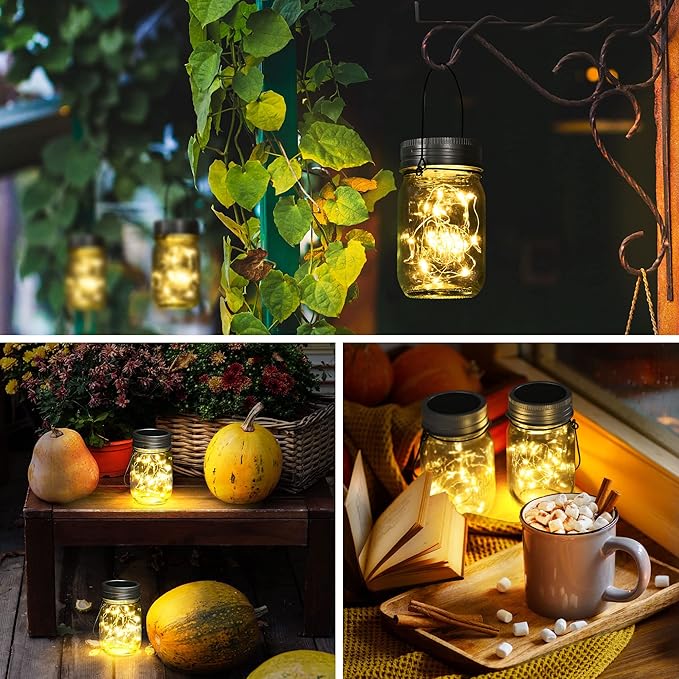 The GIGALUMI Hanging Solar Mason Jar Lights are a set of 6 hanging solar lanterns that come with 30 LED string fairy lights. These lights are designed to add a charming and whimsical touch to any outdoor space, such as gardens, patios, and wedding venues. The included hangers and jars make it easy to hang these lights in various locations, creating a warm and inviting atmosphere.