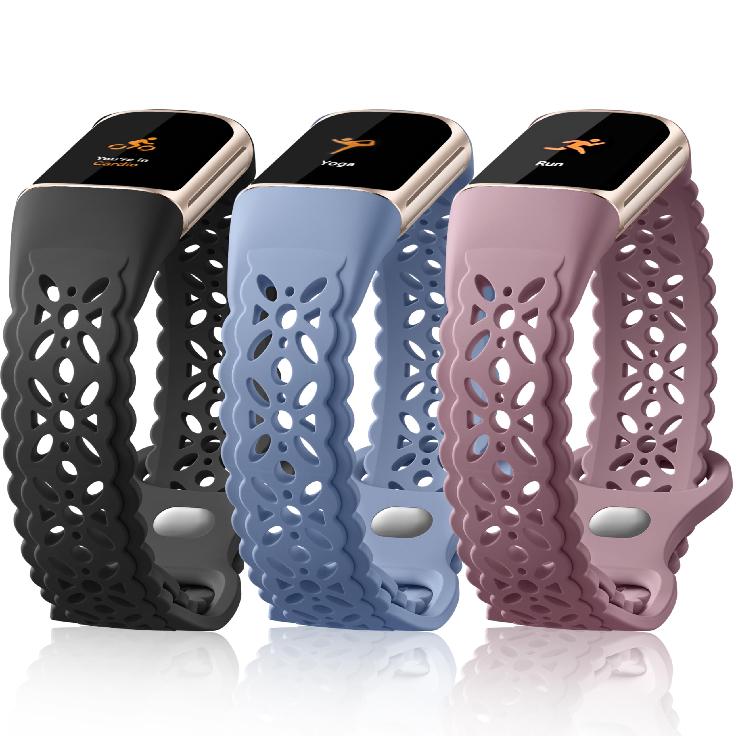 Epova Silicone Straps Compatible with Fitbit Charge 6 Strap - 3 Pack Floral Lace Soft Breathable Waterproof Adjustable Sport Replacement Wristband for Fitbit Charge 5 Strap for Women