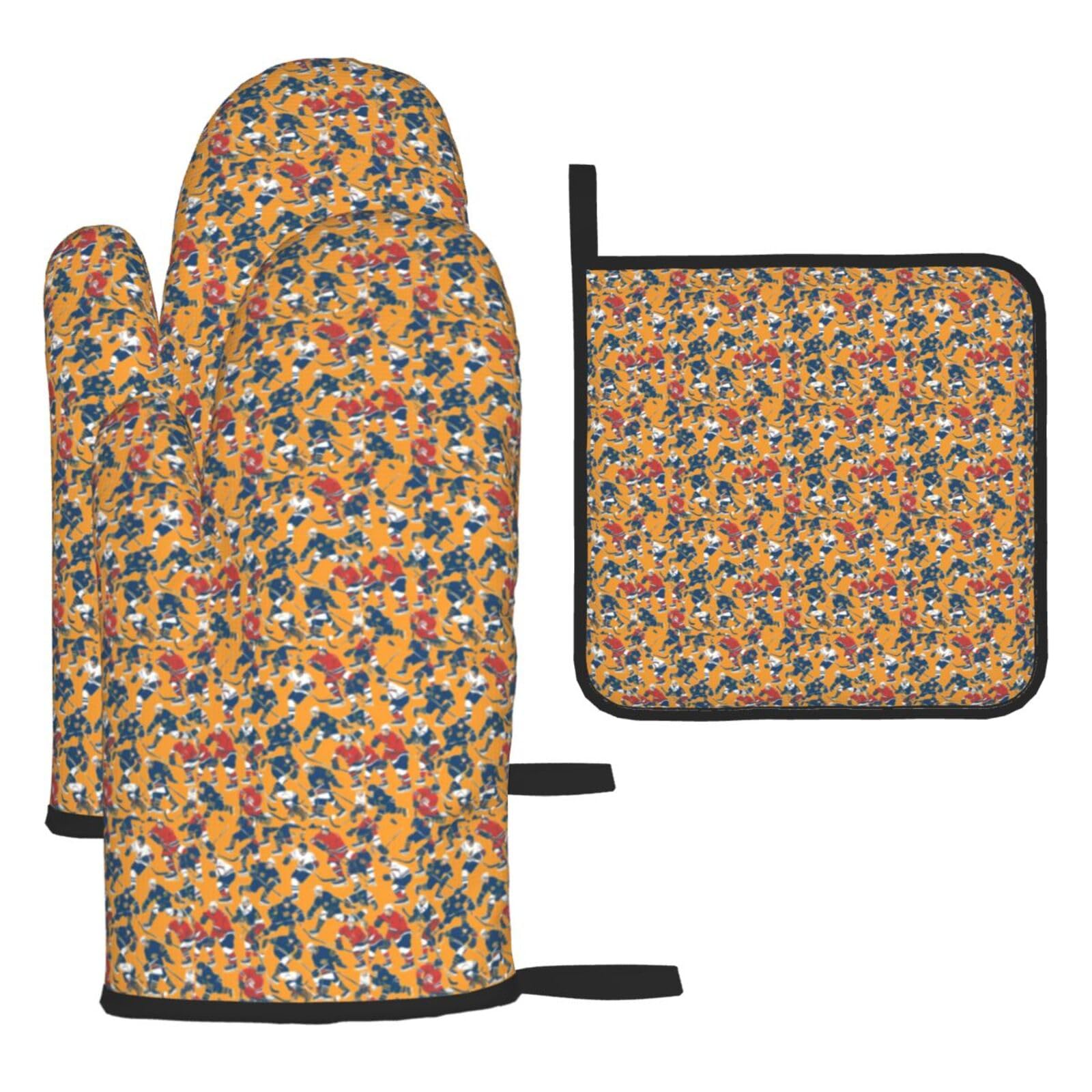 Hockey Print Oven Mitts Kitchen Gloves Set Everyday Baking Grilling Microwaving Cooking Gift