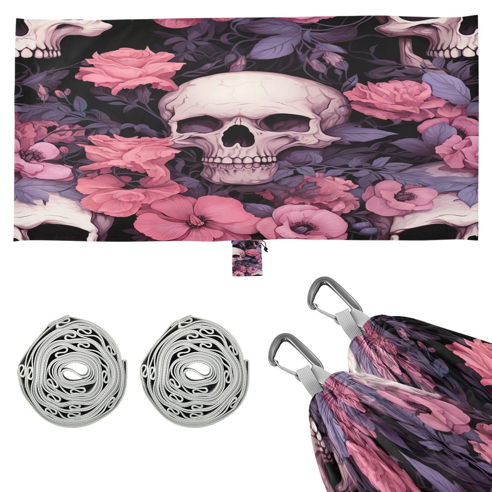 Haskirky Skull Flower Camping Hammock, Single Portable Hammocks with Tree Straps & Attached Carry Bag, 330Lbs Capacity Perfect for Outside Indoor Hiking Beach Backpack Travel