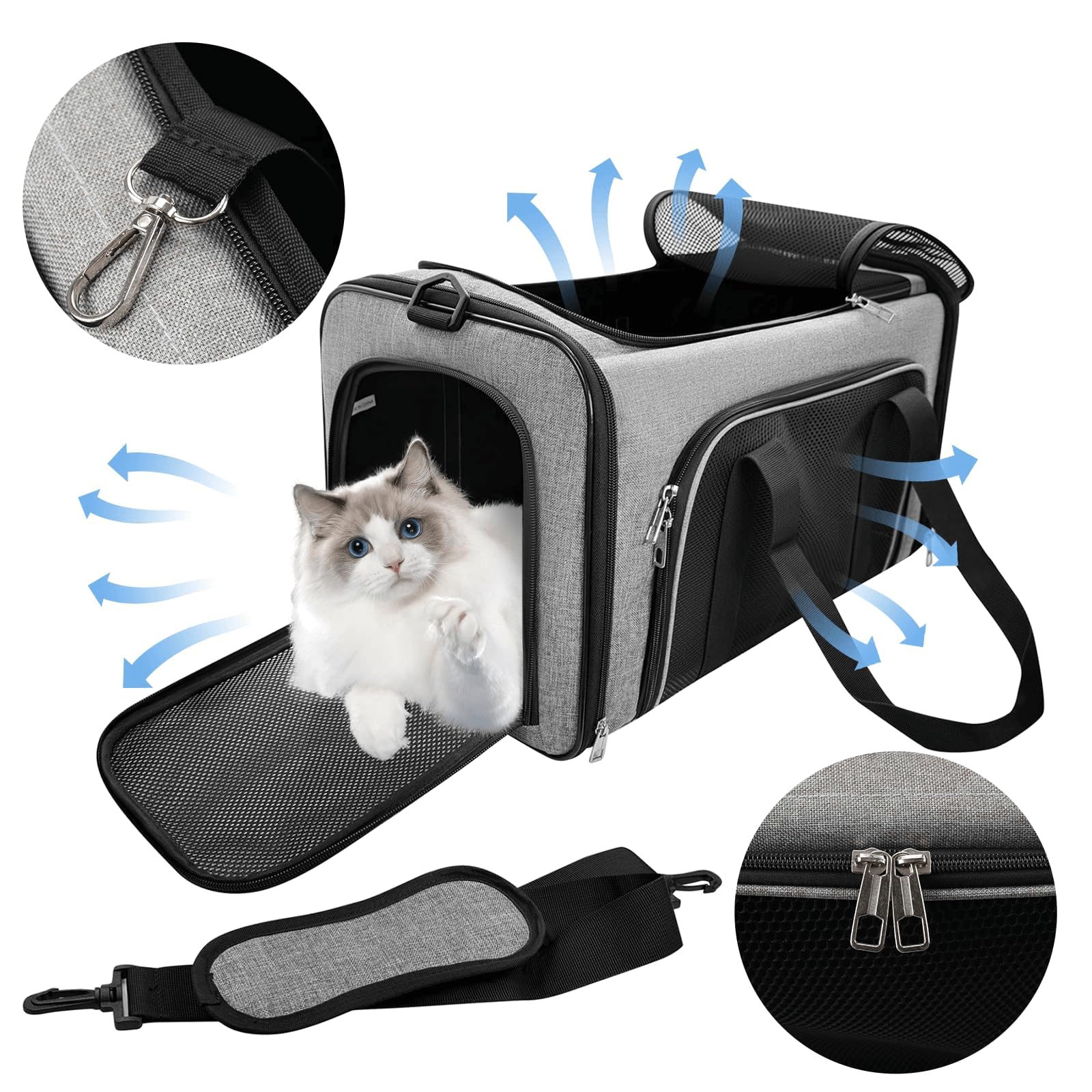 Katzentransportbox & Tragetasche für Katzen und kleine Hunde bis 10kg – Faltbare Katzentasche groß mit versteckbarem Dachfenster, Grau, 50x30x30cm