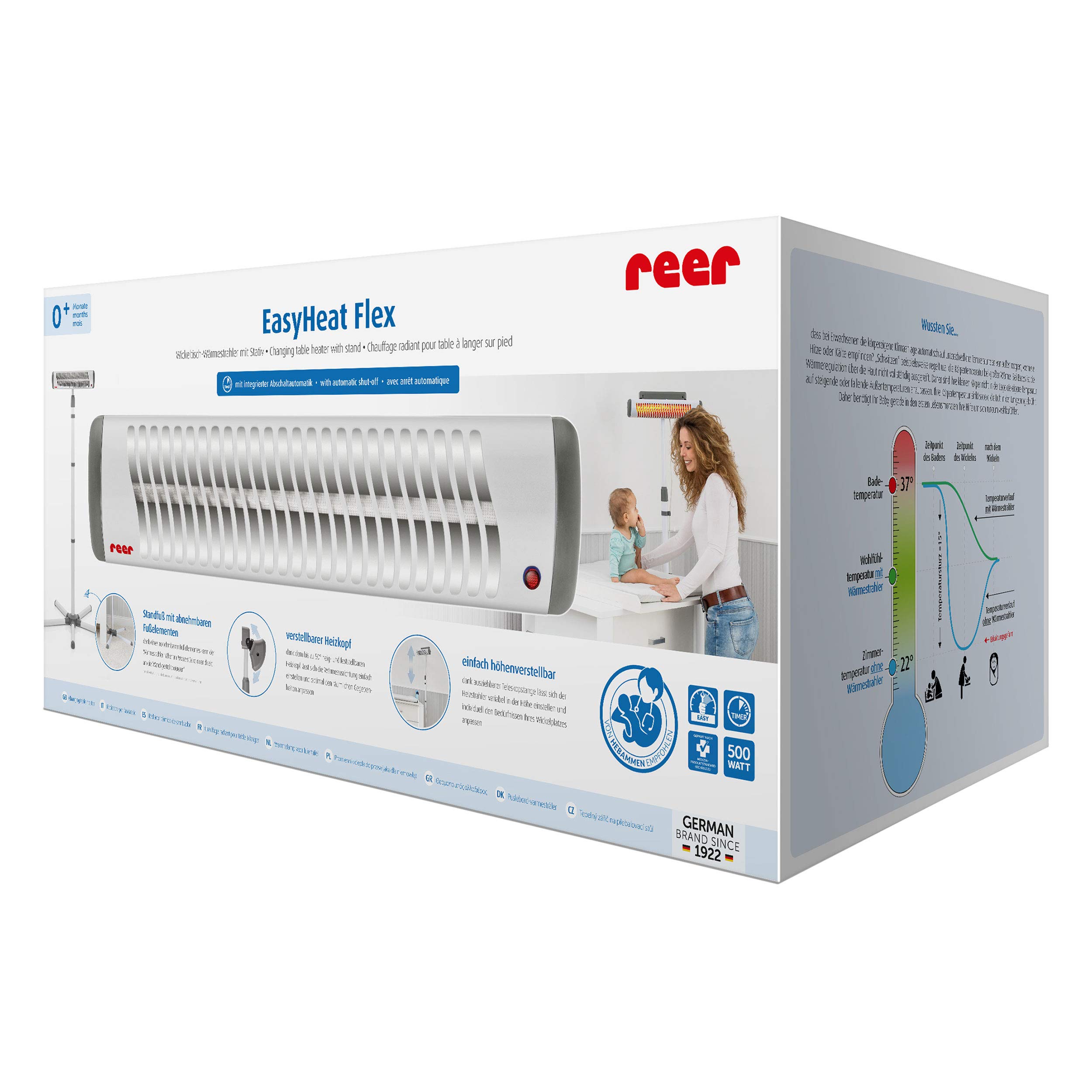 Reer EasyHeat Flex fasciatoio riscaldatore radiante con supporto lampada riscaldante per bambini design compatto 1 pezzo (1 confezione) bianco, 230V/500W