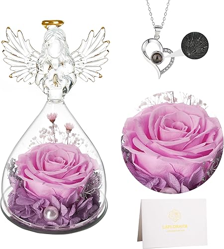 Regalos de rosas para el Día de la Madre para mujeres, mamá, abuela, esposa, figuras de ángel de cristal con collar, flores preservadas, rosa real
