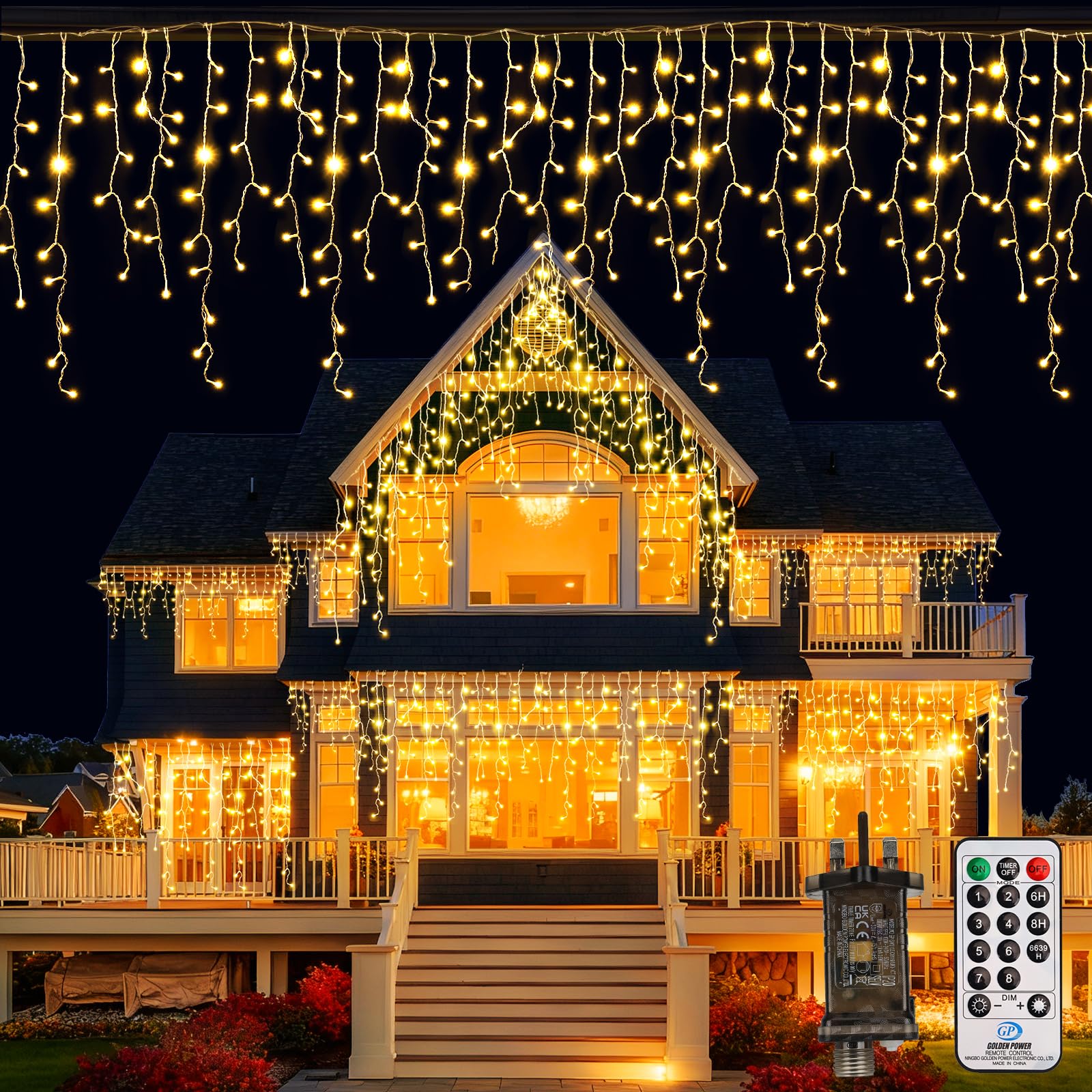 Icicle Outdoor Christmas Lights, 408LED 10M Mains Powered Waterproof Fairy Lights with Remote/Timer/8 Lighting Modes, Connectable Icicle Ice String Lights for Xmas Roof House Garden Decor(Warm White)