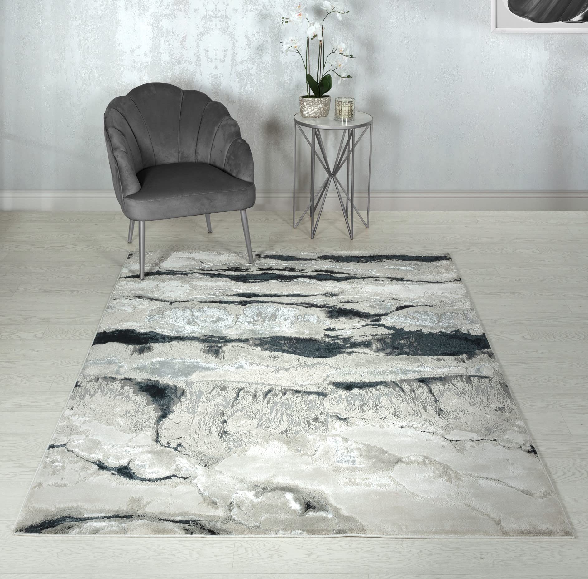 Lord of RugsAurora AU05 Quartz Metallic Silver Black Modern Shiny Abstract Marbled Pattern Rug (160x230cm (5'3"x7'7"))