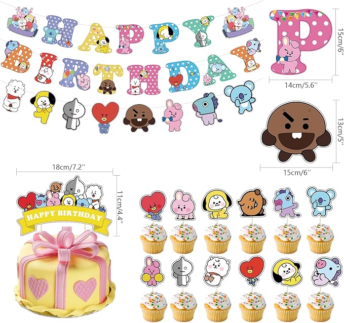 kpop birthday party supplies junior combination party decorations for army fans include cartoon happy birthday banner cute animals banner cake cupcake toppers and cartoon balloons party favors for kids toys