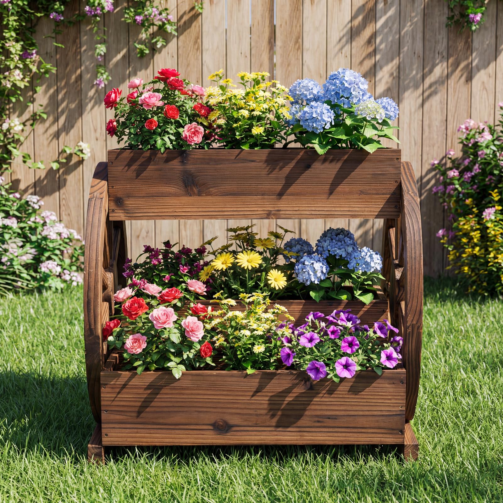 COSTWAY Jardinière Surélevée à 2 Niveaux, 3 Bacs à Plantes en Bois en Forme de Chariot avec Trous de Drainage et Roues, Lit de Jardin Pots de Fleurs pour Patio Balcon, 61,5 x 55 x 62 cm