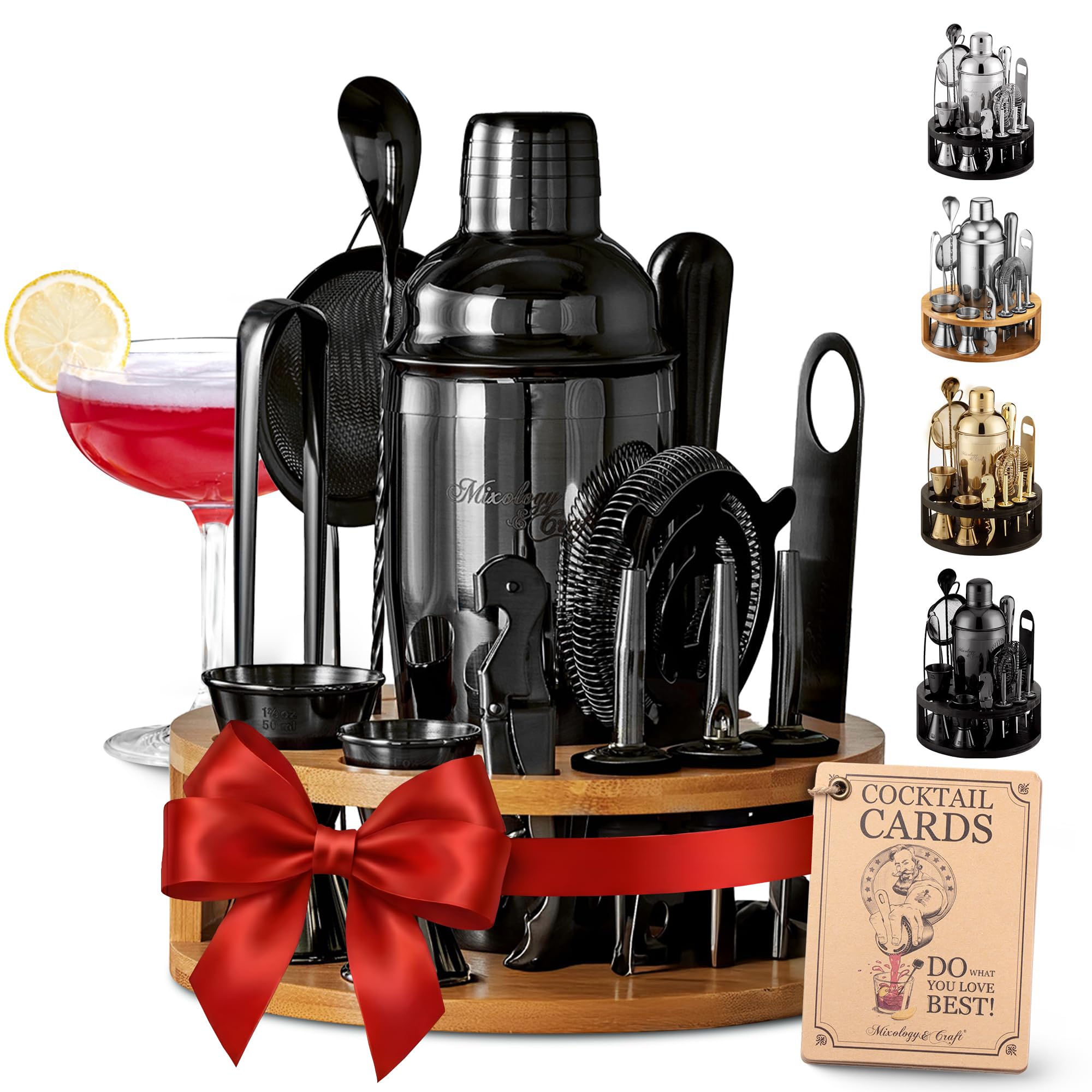 Mixology & Craft Bartender Kit – 15 Piece Cocktail Shaker Set with Bamboo Stand | Complete Cocktail Kit Gift Set | Top Bartender Gifts for Men & Women | Exclusive Recipe Cards (Black)