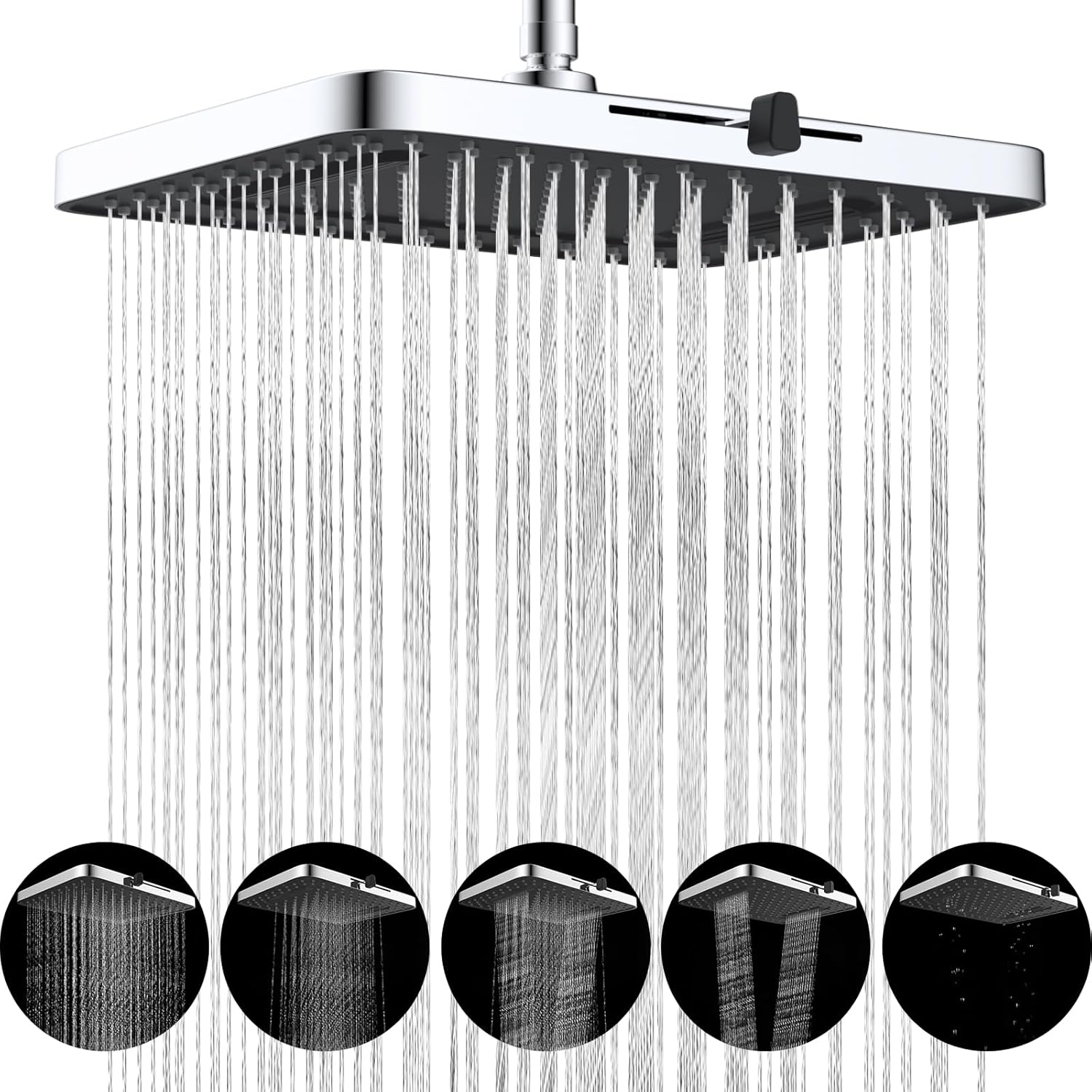 Hibbent 5 Spray Modes Shower Head, 13'' High Pressure Rain Shower Head, Large Rainfall Showerhead for Bathroom, High Flow Waterfall Fixed Showerheads with Adjustable Swivel Ball Joint, Chrome Square 13'' Chrome