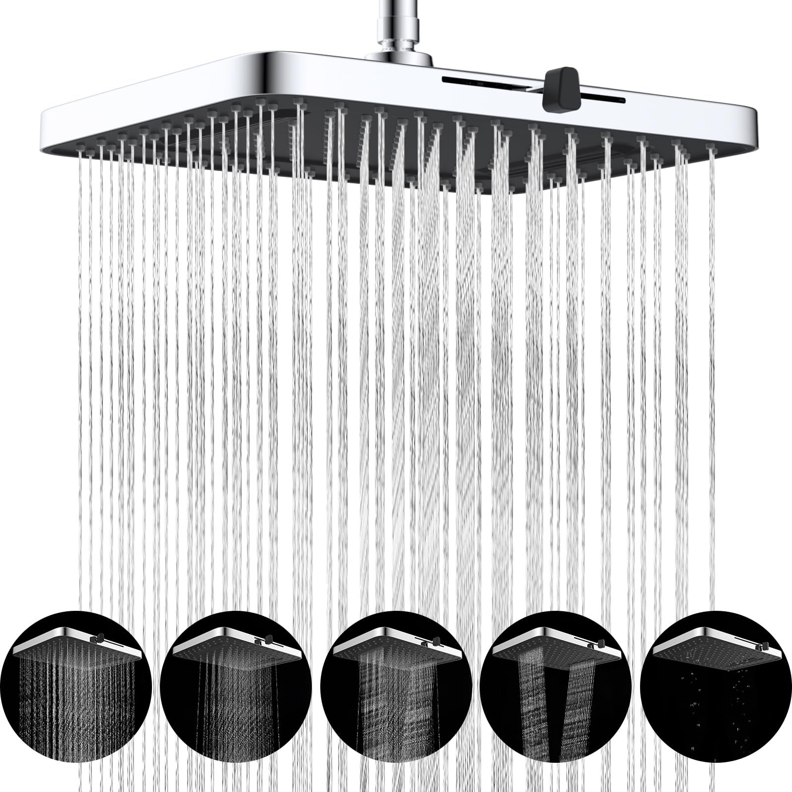 Hibbent Cabezal de ducha de 5 modos de pulverización, cabezal de ducha de lluvia de alta presión de 13 pulgadas, cabezal de ducha cuadrado grande para baño, cabezal de ducha fijo de cascada de alto