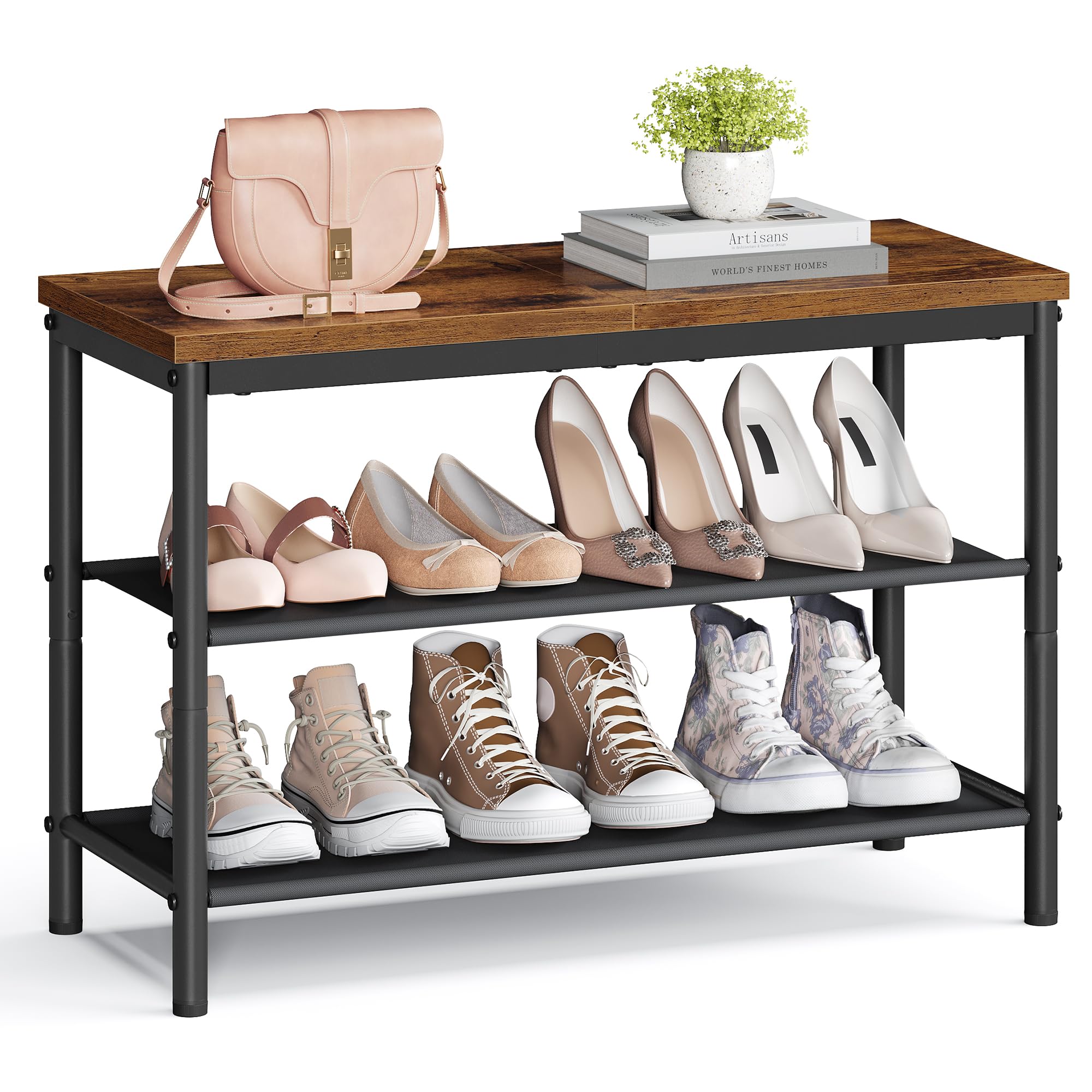 VASAGLE Shoe Rack 3-Tier, Narrow Shoe Storage Organiser for Closet Hallway, with 2 Fabric Shelves and Top for Bags, Shoe Shelf, Steel Frame, Industrial, Rustic Brown and Black LBS024KD01